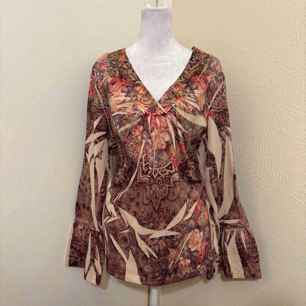 Bleu Faircore Tie Dye Floral Baroque Rhinestone V-Neck Bell Sleeve Top 1X